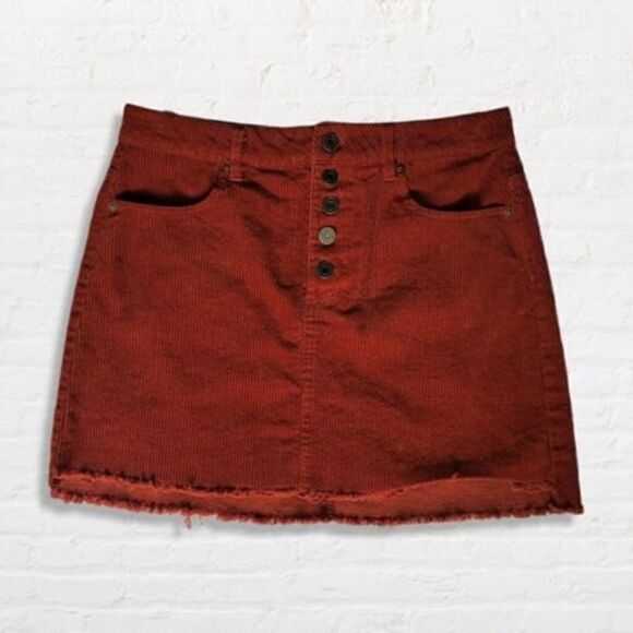 Indigo Rein Burnt Orange Corduroy Mini Skirt Button Closure Size 5/26 - Picture 1 of 9